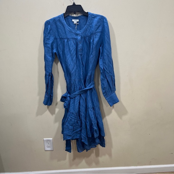 NWT Sundance Blue Elderflower Linen Viscose Tiered Ruffle Tie Belt Dress M - Picture 2 of 9